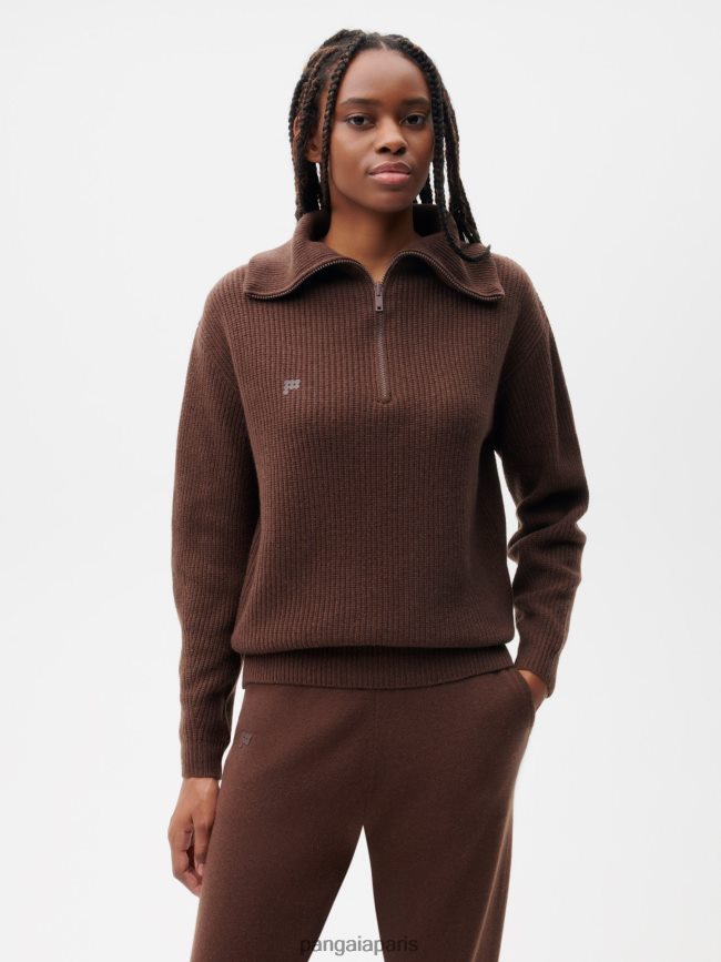 marron Pangaia vêtements femmes DH84F0114 pull demi-zip en cachemire recyclé