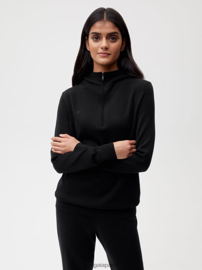 noir Pangaia vêtements femmes DH84F050 sweat à capuche demi-zip en laine mérinos